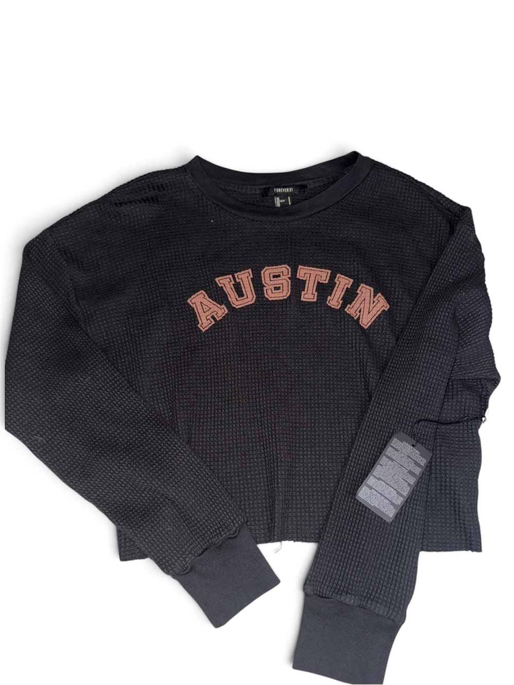 Forever 21 Black Cropped Waffle Knit Crew with Rust Lettering